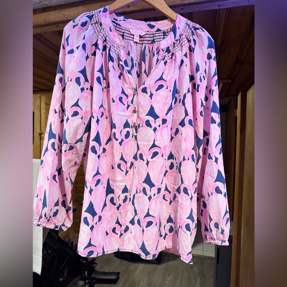 Lilly Pulitzer Elsa silk top Flamingos
Large pink and Blue
